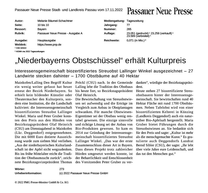 Zeitungsartikel in der Passauer Neuen Presse vom 17.11.2022