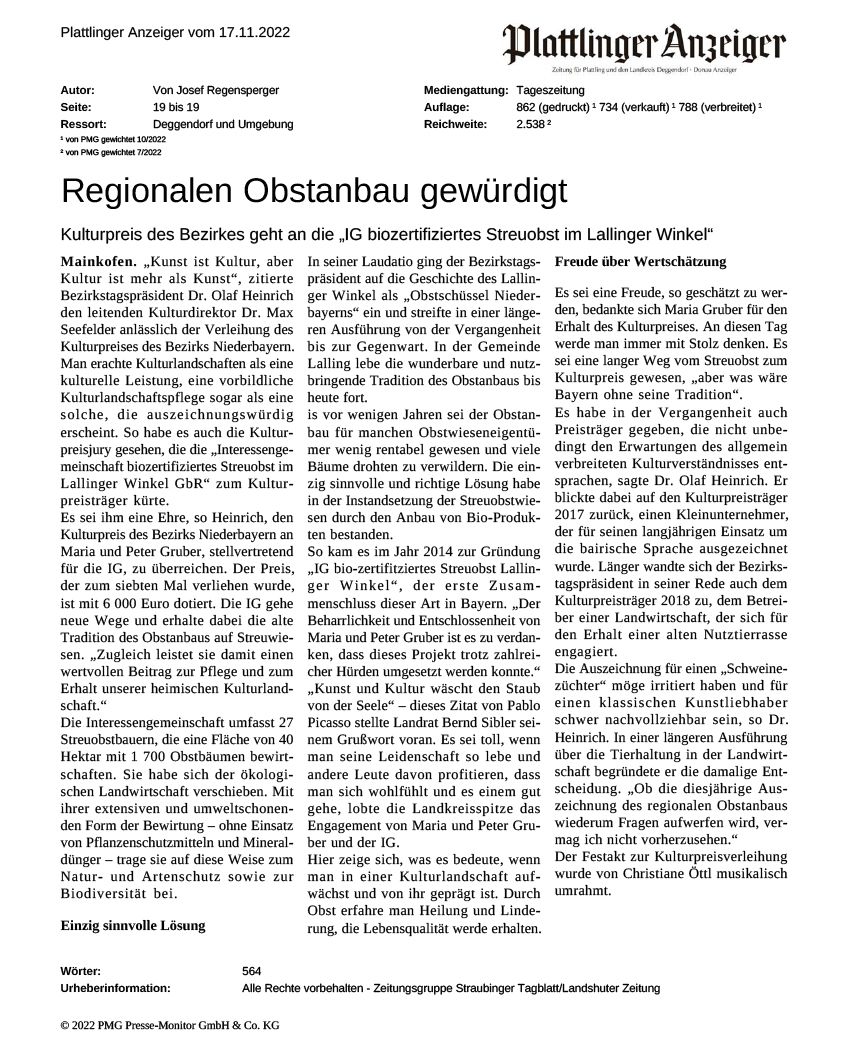 Zeitungsartikel im Plattlinger Anzeiger vom 17.11.2022